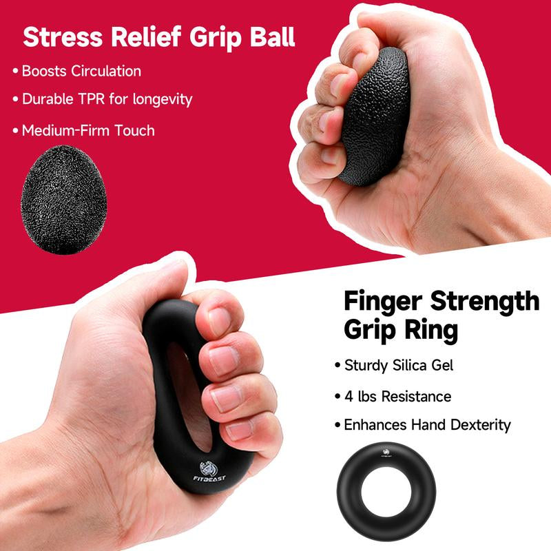 Fitbeast Funny Hand Grip Strengthener Workout Kit (5 Pack) Forearm Grip Adjustable Resistance Hand Gripper, Finger Exerciser, Finger Stretcher, Grip Ring & Stress Relief Grip Ball for Athletes Fathersdaygift
